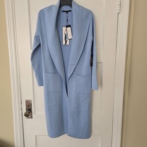 Women’s Light Blue Open-Front Long Coatigan with Patch Pockets